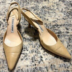 Manolo Blahnik CAROLYNE 70 Light Beige Nappa Leather Slingback Pumps Size 39